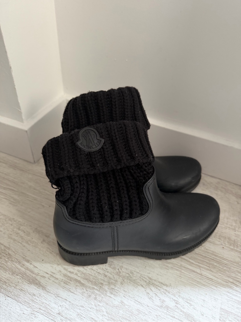 Moncler Black Knit-Cuff Rubber Boots
